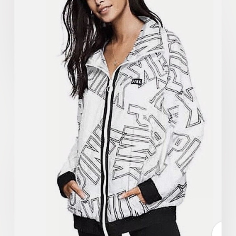 Victoria's Secret Pink Anorak Black and White Fill Zip Windbreaker Jacket